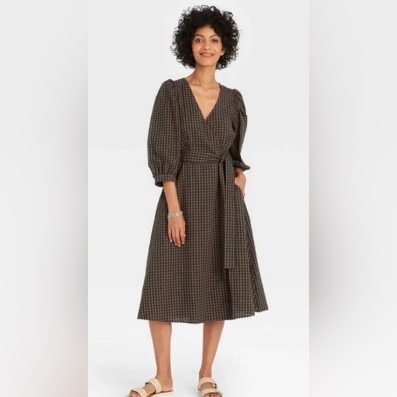 a new day Dresses & Skirts - A New Day: Wrap Olive Green & Navy Gingham Dress